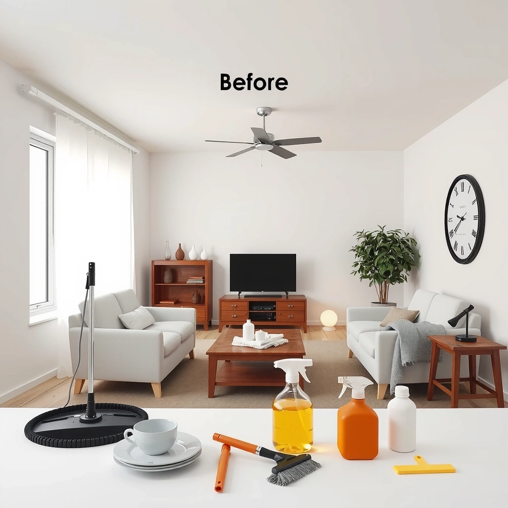 Before: Messy living room with scattered items