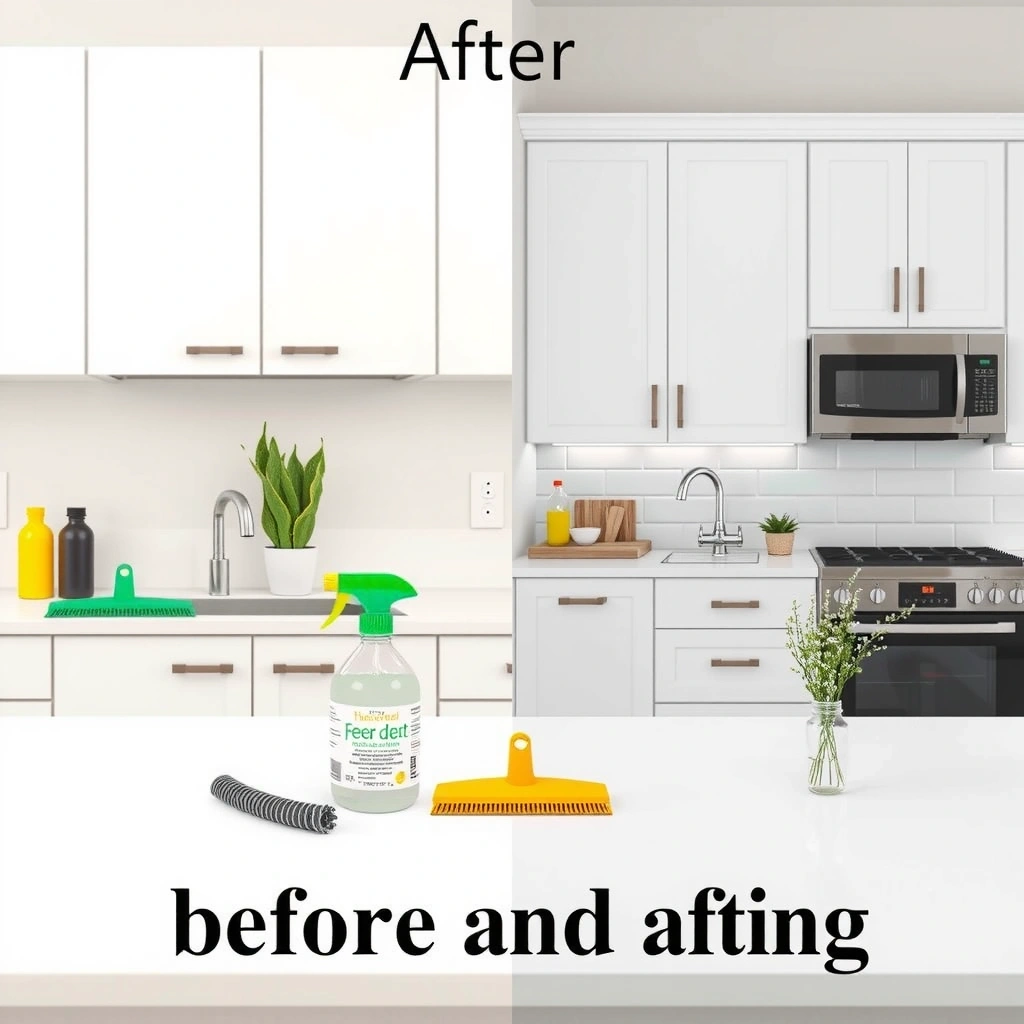 Kitchen transformation from dirty to spotless with gleaming surfaces